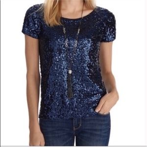 NWOT White House | Black Market Navy Short-Sleeved Sequin Blouse, Size XXS